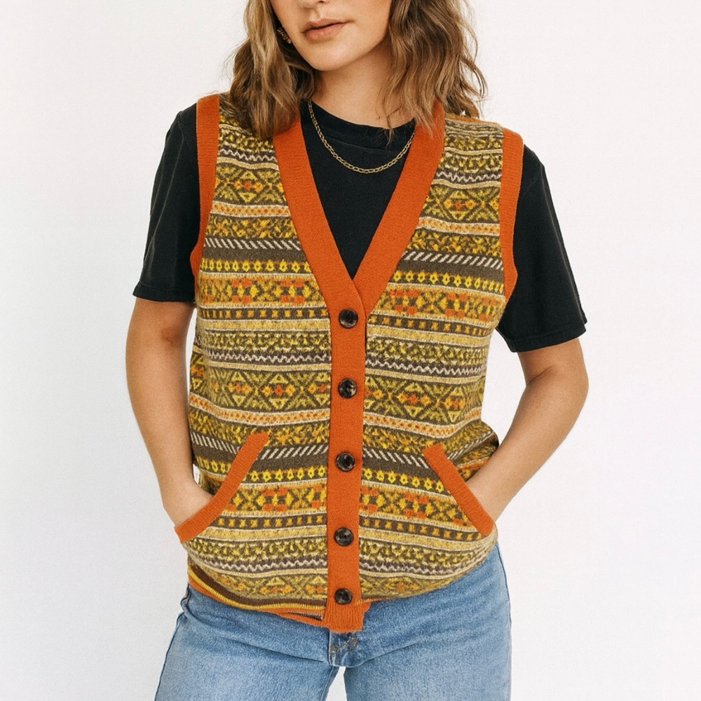 PRPS Goods & Co Fairaisle Sweater Vest 100% Cotton Button Graphic Print Size L